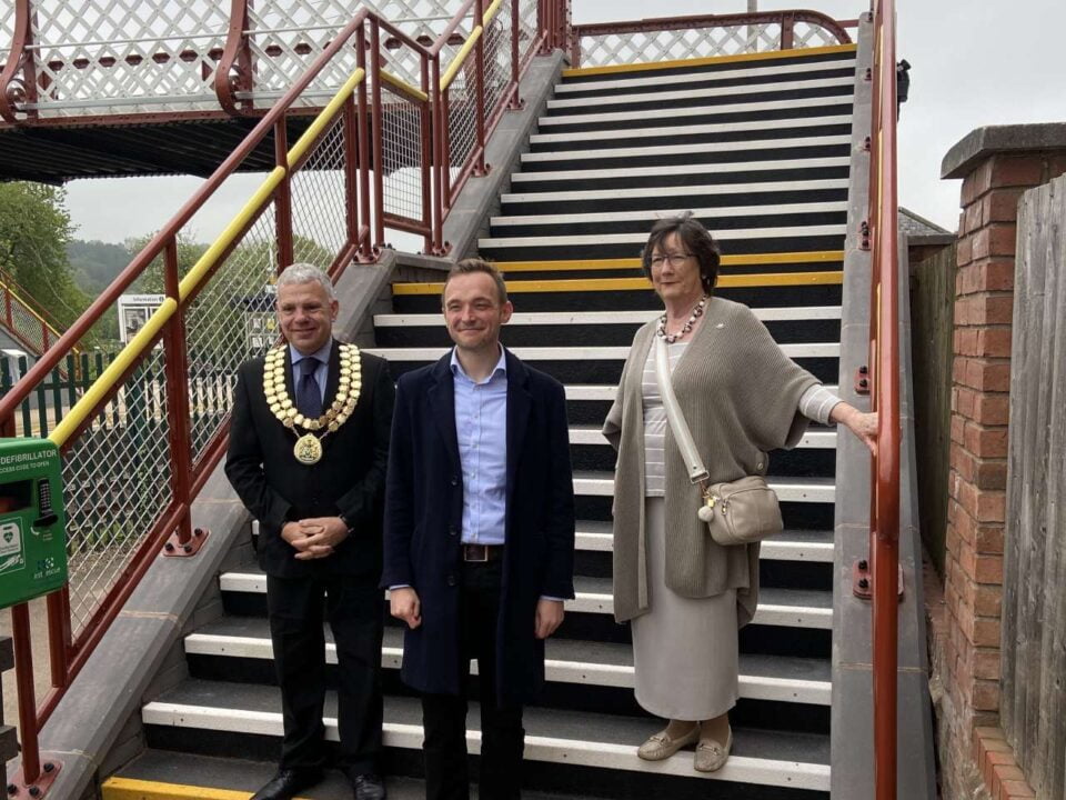 Cllr Tony Holmes, Amber Valley Mayor, Pauline Latham MP, and Luke Gardiner at Duffield footbridge