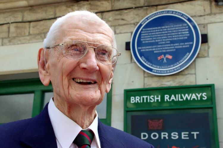 Peter Lovett and commemorative plaque at Swanage station - Andrew PM Wright