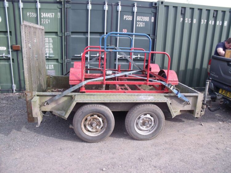 Part of a Type 1 trolley, loaded on a trailer ready to go to the Keighley Bus Museum.