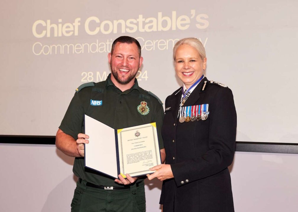 Paramedic Dean Hawkins with British Transport Police Chief Constable Lucy D’Orsi. // Credit: Dean hawkins with British Transport Police Chief Constable Lucy D’Orsi. // Credit: London Ambulance Service NHS Trust