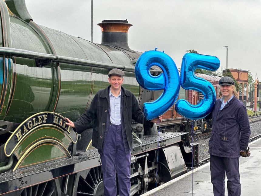 Driver Adrian Hassall and fireman Mark Writtle get ready to celebrate with 'Hagley Hall' at the SVR. Credit: Driver Adrian Hassall and fireman Mark Writtle get ready to celebrate with 'Hagley Hall' at the SVR. // Credit: Nicky Freeman