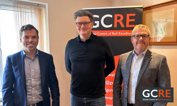 Left to right: Cabinet Secretary for North Wales and Transport Ken Skates MS; middle GCRE Ltd Chief Executive Simon Jones and right Member of the Senedd for Neath Jeremy Miles MS