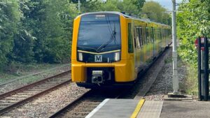 A new Stadler Class 555 train begins its daytime test run on the Tyne and Wear Metro.