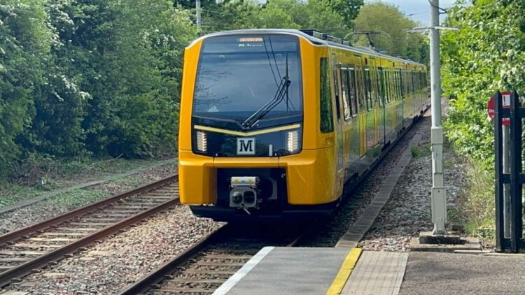 A new Stadler Class 555 train begins its daytime test run on the Tyne and Wear Metro.