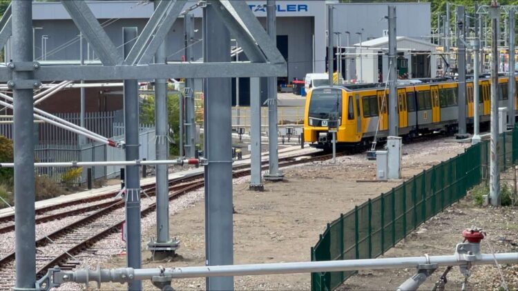 A new Stadler Class 555 undergoing daytime testing on the Tyne and Wear Metro.