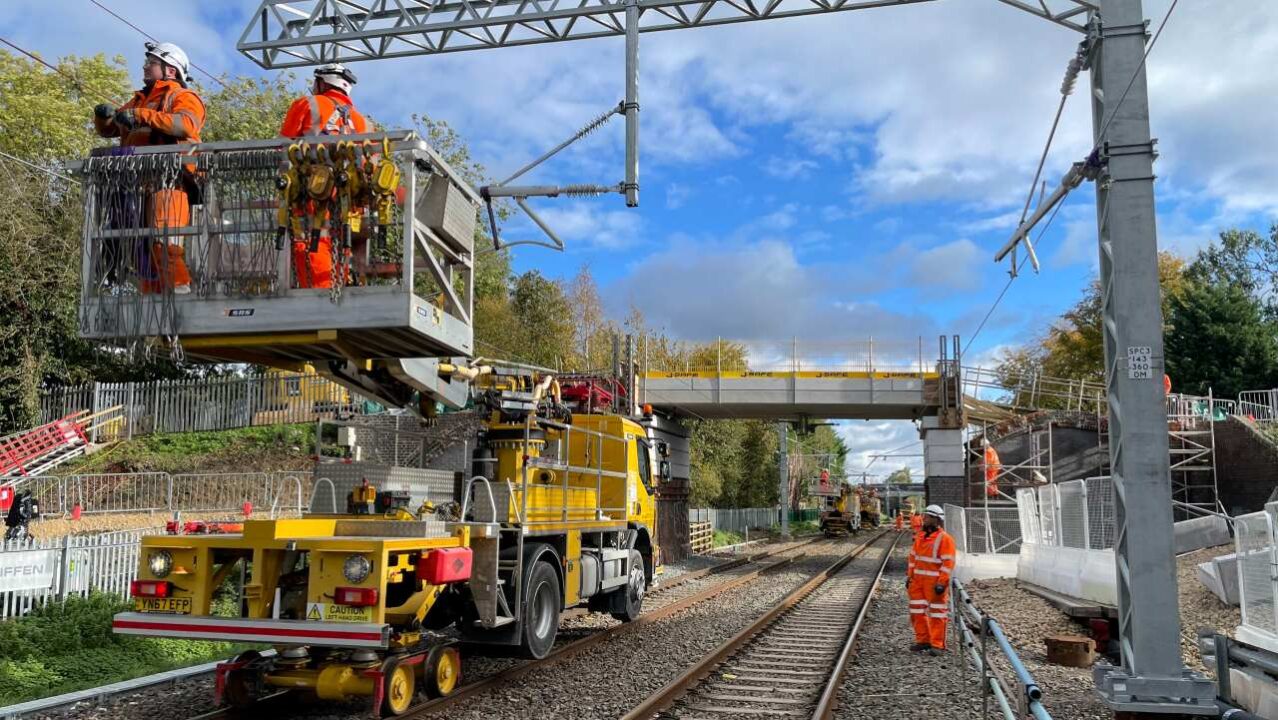 Network Rail engineers carry out wiring work on the Midland Main Line - Network Rail