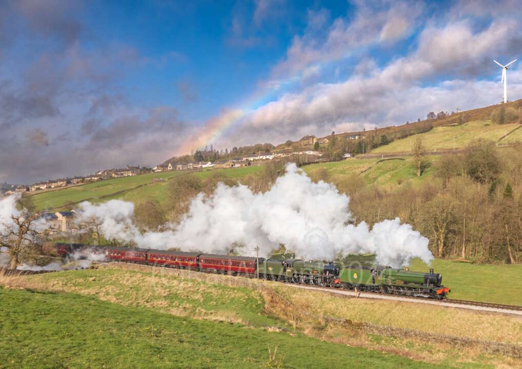 6990 Witherslack Hall and 45596 Bahamas pass Top Field, Keighley and Worth Valley Railway