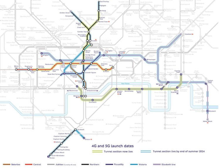 Map showing 4G and 5G coverage. // Credit: Transport for London