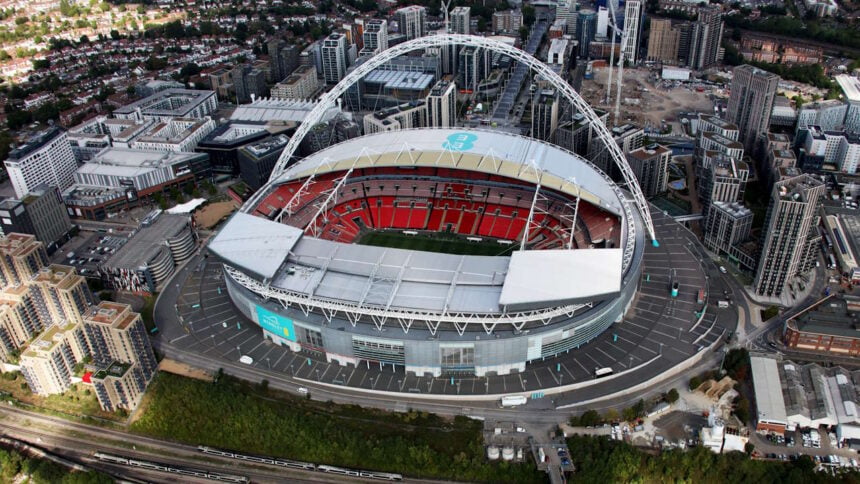 Aerial view of Wembley Stadium. // Credit: Network Rail Air Operations