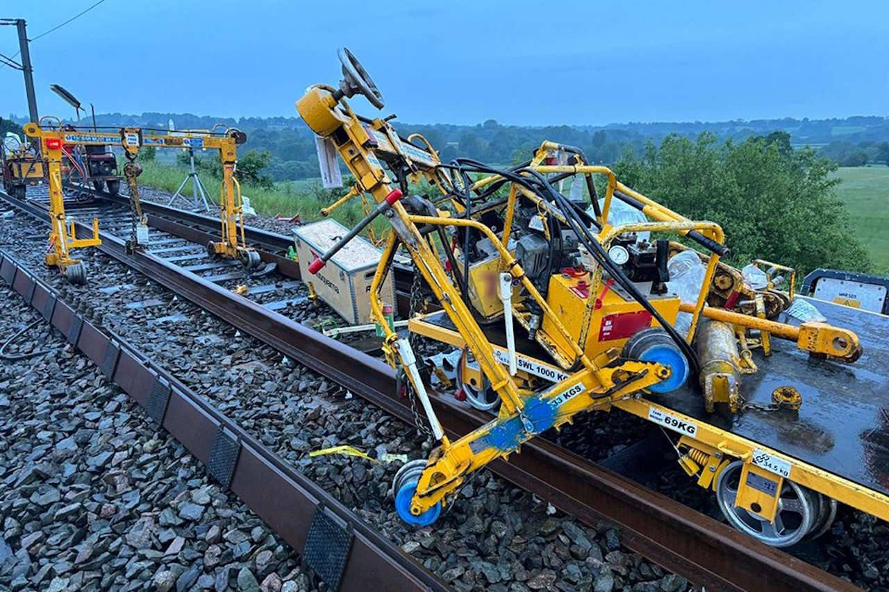 Trolley and rail-moving equipment following collision at North Rode.