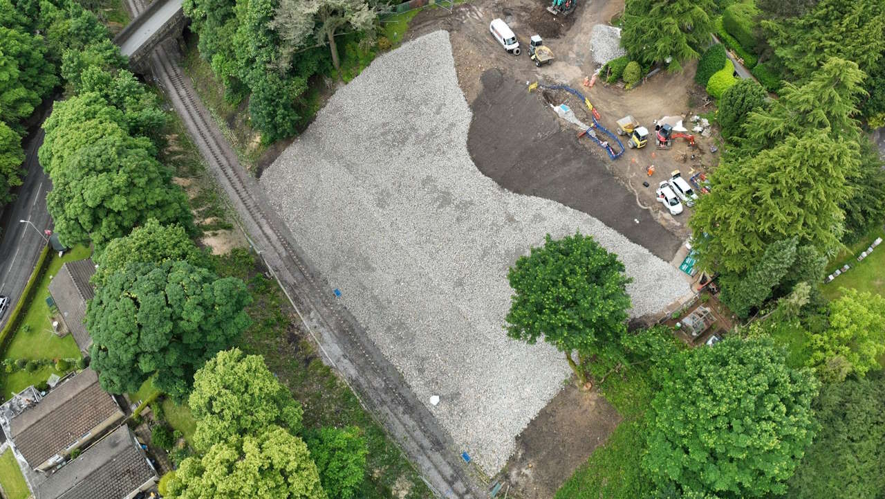 This image was taken on Monday 17 June and shows engineers working to repair a landslip at Baildon to allow trains to run again.