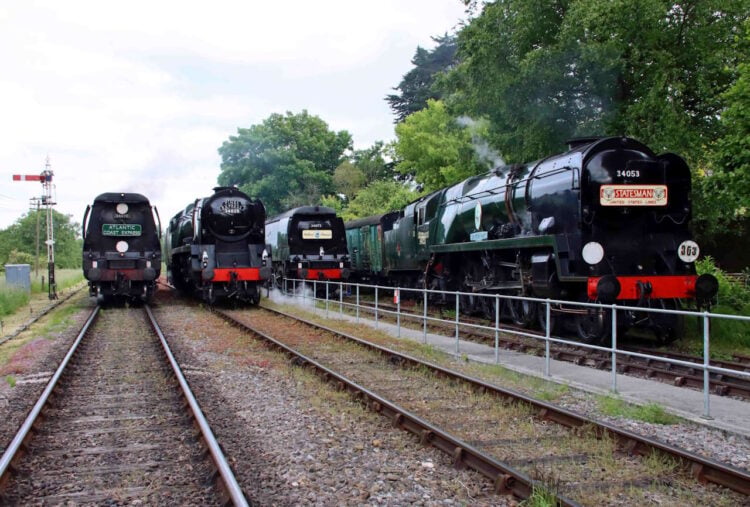 Four Southern Locos lined up at Corfe Castle