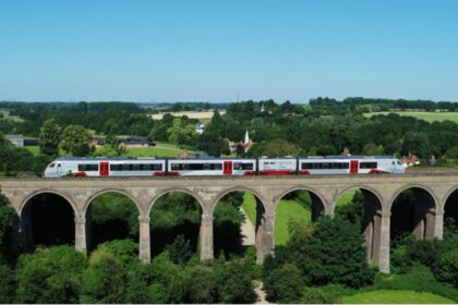 Greater Anglia train passing over Chappel Viaduct on the Marks Tey - Sudbury Gainsborough Line - Greater Anglia