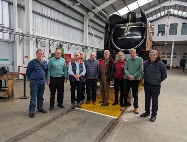 Left to right: - Norman Raine - G5, Terry McMenamin - King George the Vth , John Hind – 72010 Hengist, Ian Henderson – 72010 Hengist, Tony Hammond – General Steam Navigation, Graham Nicholas – A1/P2, Kevin West – LMS Patriot, Brian Hall – B17 Spirit of Sandringham, David Tuffin – LMS Patriot
