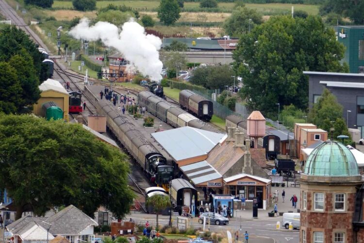 Aerial view of Minehead station with WSR steam trains at the platforms.