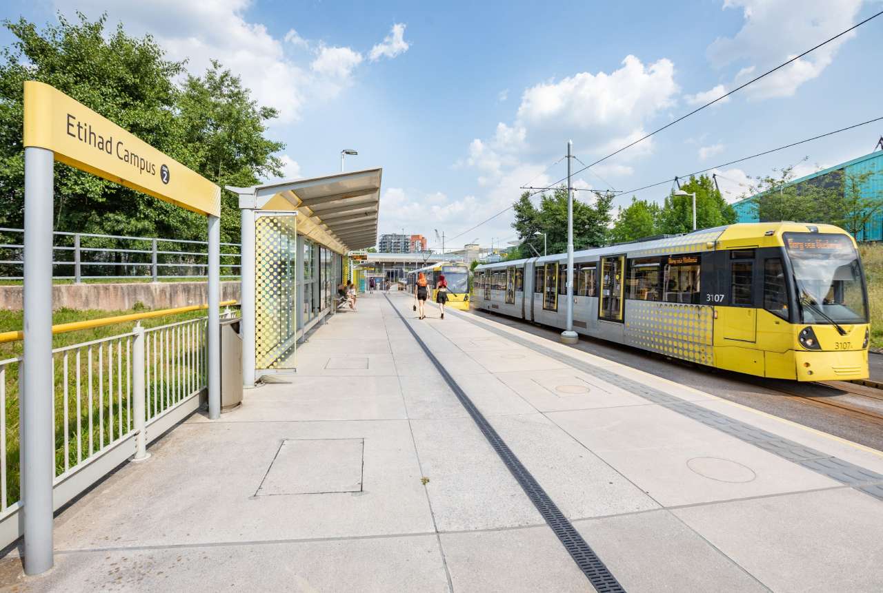 Tram at Etihad Campus Metrolink stop