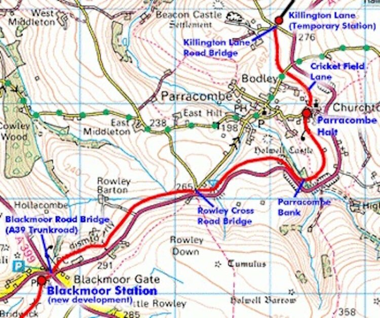 Map of the proosed extension to Cricket Field Lane. // Credit: Lynton & Barnstaple Railway/Ordnance Survey