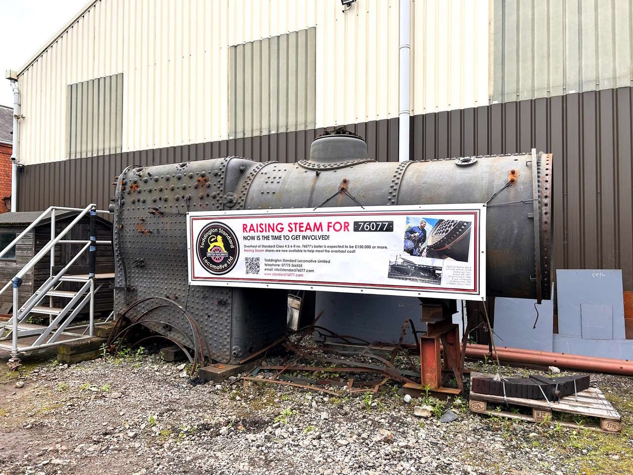 The boiler resting at the Gloucestershire Warwickshire Steam Railway workshops at Toddington