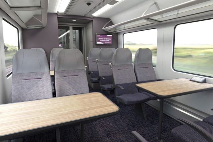 An interior shot of the modernised 360 EMU seating layout - East Midlands Railway