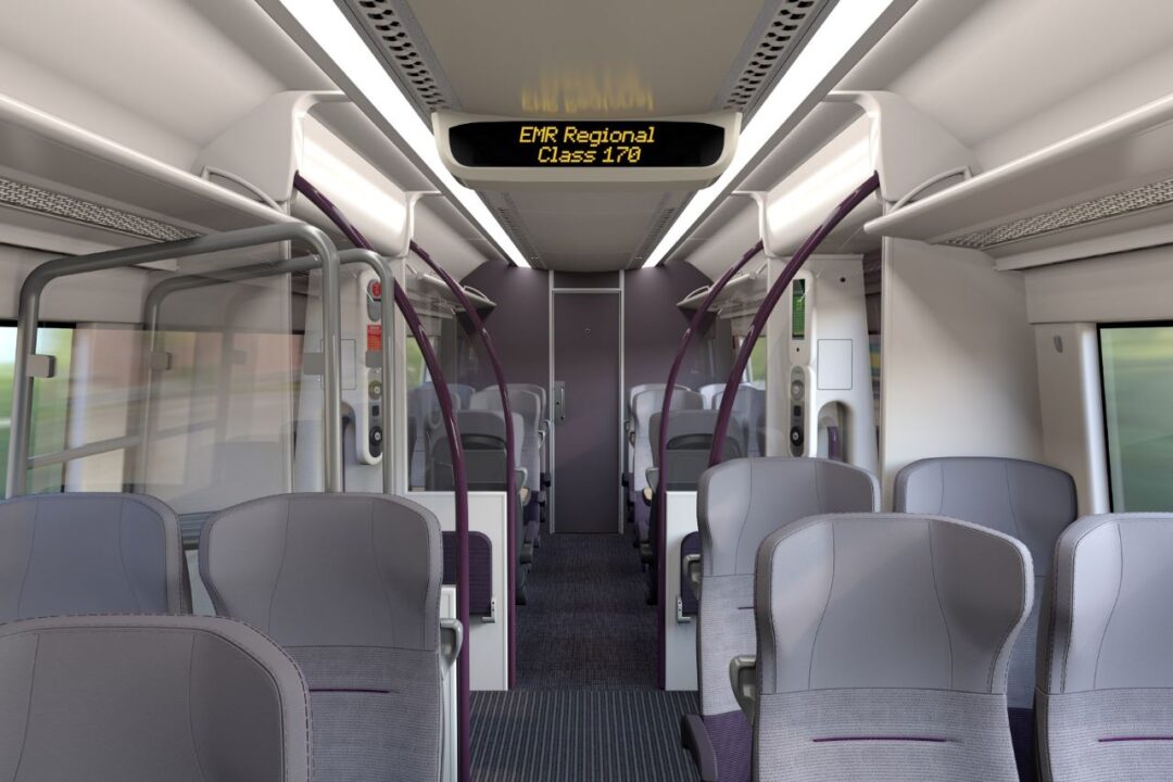 Looking down the isle of a Class 170 towards the cab - East Midlands Trains