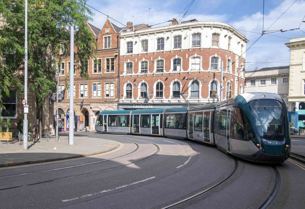 Nottingham tram in the Lace Market. // Credit: Nottingham Express Transit