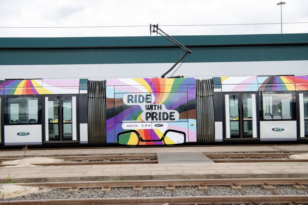 Tram 213 in Pride livery. // Credit: Nottingham Express Transit