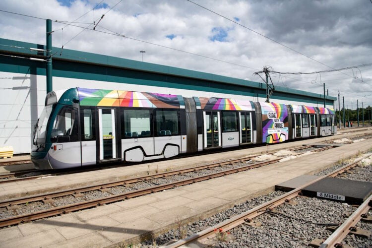 Tram 213 reliveried in in Pride livery. // Credit: Nottingham Express Transit