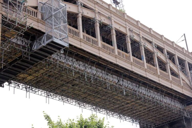 Shot showing extent of temporary scaffolding deck on High Level Bridge - Network Rail