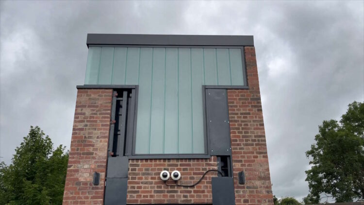 The 'Beacon' detail which lights up at night at the top of the new lift shafts at Garforth station