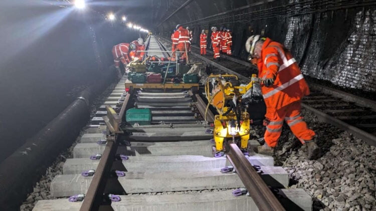 Renewing track in the Severn Tunnel. // Credit: Network Rail