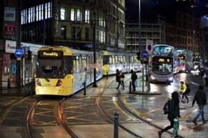 Tram and bus near Shudehill.