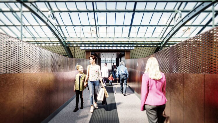 A CGI view of Darlington's station footbridge amongst the stations grade II listed roof -  Network Rail