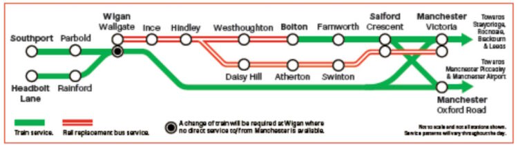 Replacement buses on the Wigan to Bolton line. // Credit: Network Raiil