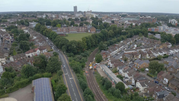 Aerial view of rail improvements at Bushey during the upgrade. // Credit: Network Rail