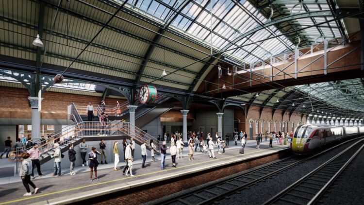 
CGI Platform 1 at Darlington station showing its planned new stairs case and footbridge - Network Rail