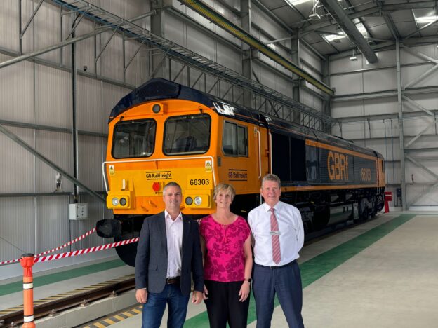 From left to right; John Smith, CEO of GB Railfreight, Maggie Simpson, Director General of the Rail Freight Group and Phil Williamson, Managing Director of Cairn Cross.