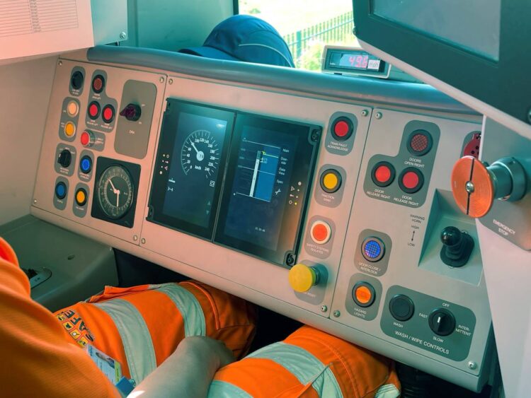 Inside the cab of 387101 during its FIC running in ETCS Level 2 for the first time at RIDC - Network Rail