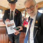 Travelling Ticket Inspectors Lester Halling and Alan Stanton try out one of the ticket scanners. // Credit: Lesley Carr