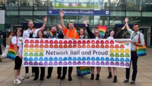 Volunteers from the railway industry celebrate Pride. // Credit: Network Rail