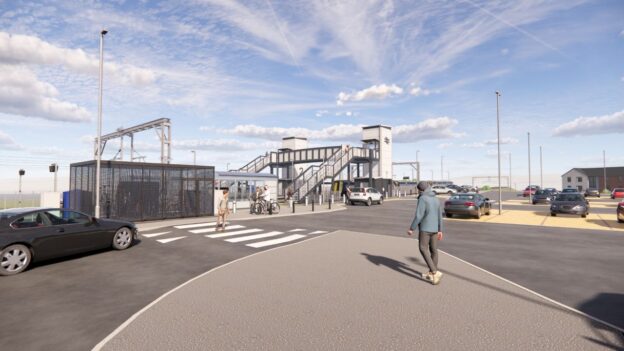 A 3D CGI image of the proposed road access view of Balgray Station - Network Rail