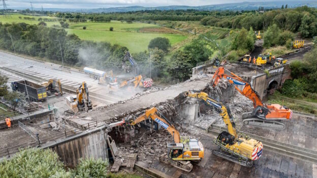 Drone image of the demolition of Castleton bridge