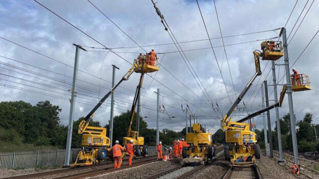 Engineers installing overhead lines as part of the Midland Mainline Upgrade