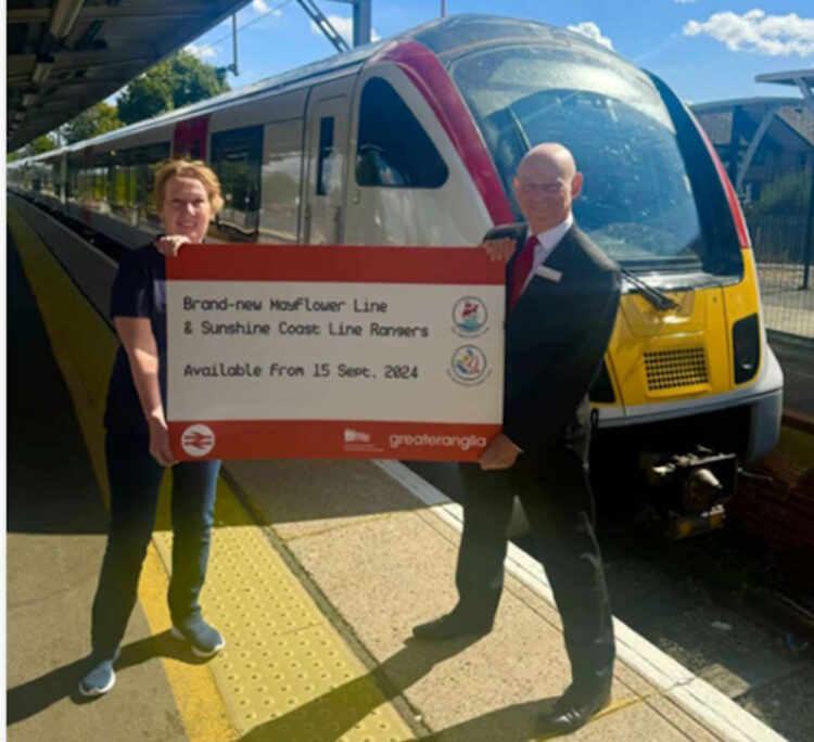 Alan Neville, Greater Anglia's Stakeholder, Community and Customer Engagement Manager & June Povey, Essex and South Suffolk Community Rail Partnership Officer at Colchester Station. // Credit: Greater Anglia