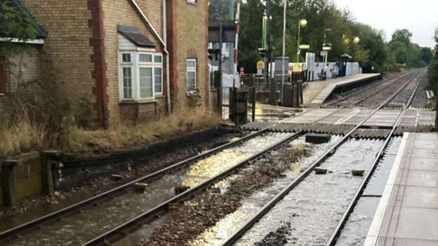 Flooding at Lidlington station on the Marston Vale line. // Credit: Network Rail