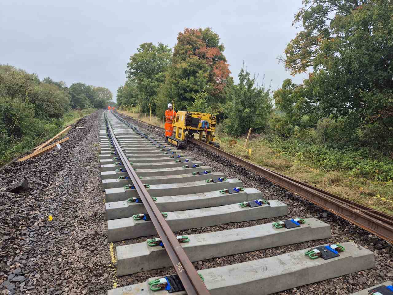 Rails being placed on to the new sleepers - Network Rail