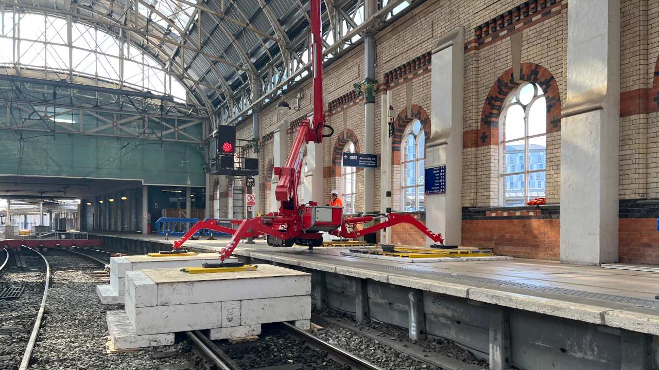 Work being carried out to the netting on platform 12 - Network Rail