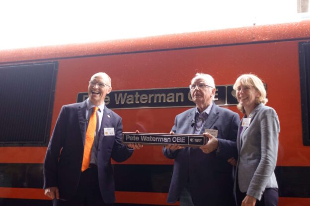 Pete Waterman OBE with Tim Shoveller, CEO Freightliner Group and Jo Kaye, Railway Benefit Fund CEO. // Credit: Freightliner