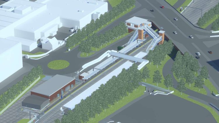 3D visual of aerial view of Salford Crescent station with extra platform