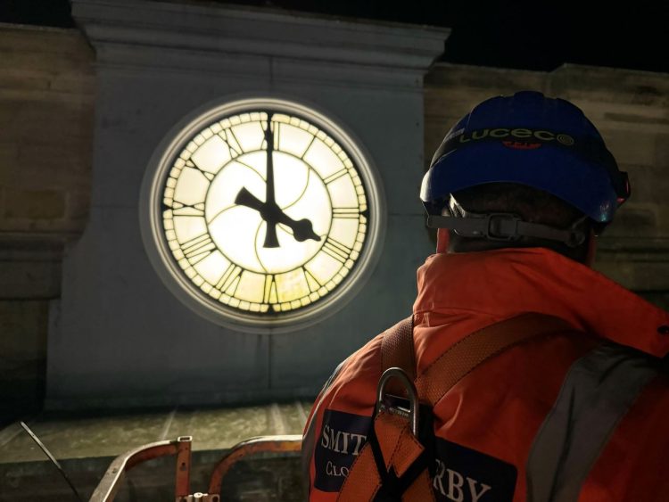 Approaching clock face before new mechanism installation and cleaning - Network Rail