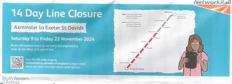 Closure warning for the Axminster to Exeter line. // Credit: Network Rail